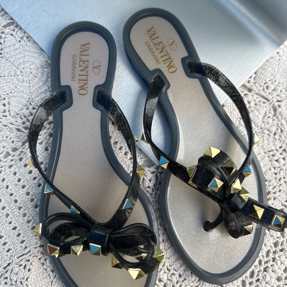 Valentino Black and Gold Bow Sandals